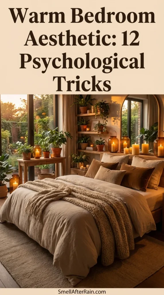 A cozy, warm-toned bedroom at night featuring soft beige layered bedding, warm lamp lighting, and scattered candles against a backdrop of city lights through floor-to-ceiling windows. The scene illustrates the perfect Warm Bedroom Aesthetic: 12 Psychological Tricks for creating a soothing, relaxing environment.