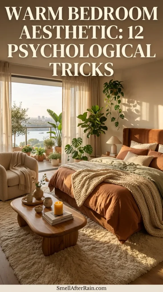 A sun-drenched cozy bedroom featuring floor-to-ceiling windows, hanging lush green plants, and fairy lights. The bed is piled with chunky knit blankets and sage green pillows, while a low wooden coffee table sits on a textured fluffy rug, illustrating the Warm Bedroom Aesthetic: 12 Psychological Tricks for creating a calming home environment.