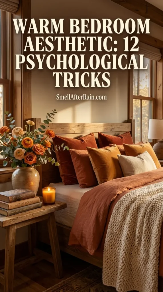 A cozy, rustic bedroom featuring floor-to-ceiling wooden bookshelves filled with books and trailing plants. Soft fairy lights and candles glow on the headboard shelf behind a vase of red tulips. The bed is layered with textured pillows and a chunky knit blanket, with an open book resting on the sheets, exemplifying a Warm Bedroom Aesthetic: 12 Psychological Tricks for a relaxing home.