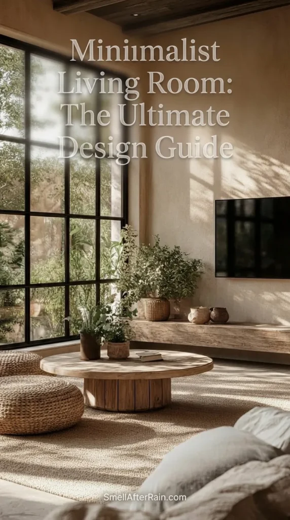 A sun-drenched interior featuring textured earth-tone walls and large floor-to-ceiling windows with black frames overlooking a garden. The space showcases a low round wooden coffee table, woven poufs, and vibrant potted plants, embodying the principles found in our Minimalist Living Room: The Ultimate Design Guide. Sunlight casts artistic shadows across the room, highlighting the blend of modern elegance and cozy wabi-sabi aesthetics with a wall-mounted TV and floating wooden console.