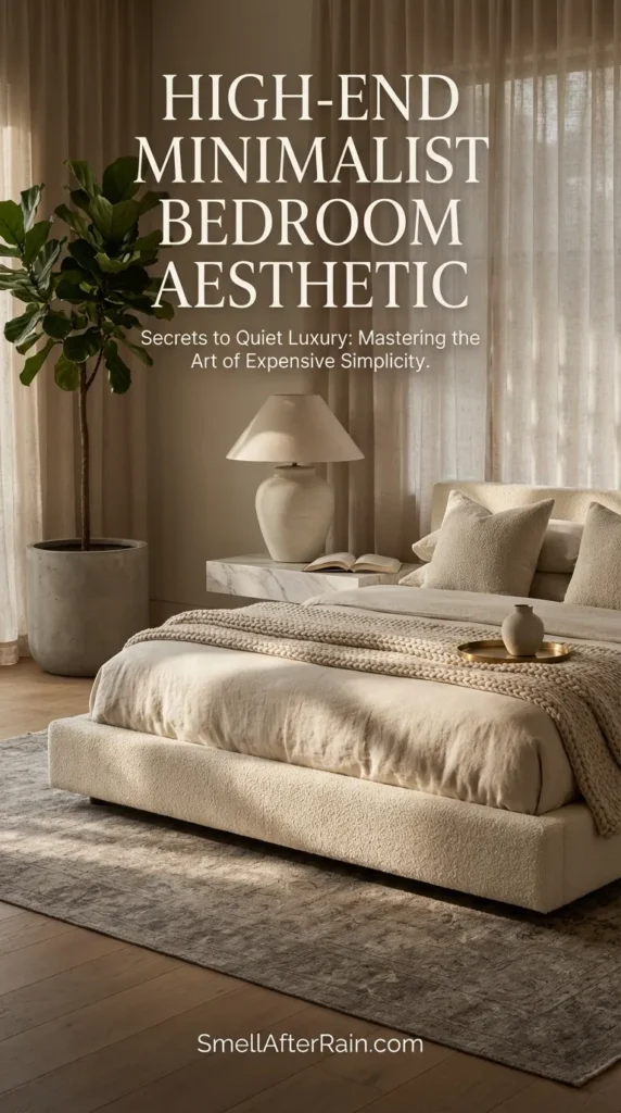 A serene bedroom featuring beige linen bedding and a wooden nightstand with a ceramic lamp. A large fiddle leaf fig plant stands in the corner next to white sheer curtains letting in soft sunlight. Text overlay reads 15 Stunning Minimalist Bedroom Ideas. Perfect inspiration for Mastering the High-End Minimal Bedroom Aesthetic, focusing on warm neutrals, natural textures, and quiet luxury design principles for a cozy, sophisticated master suite.