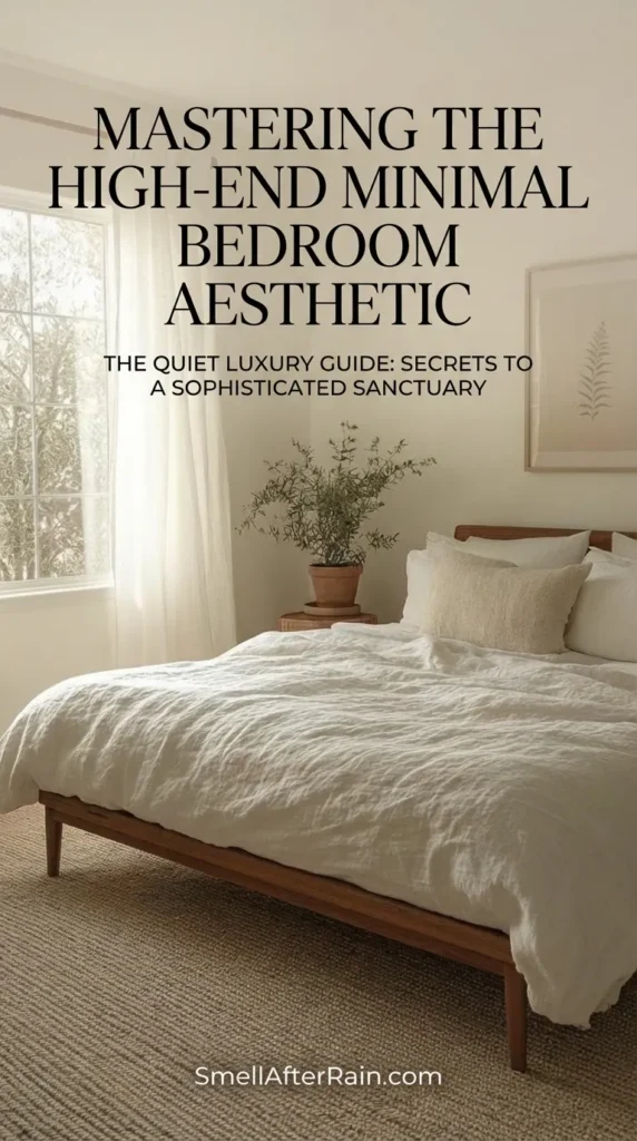 A serene bedroom featuring a low profile wooden platform bed with textured white linen bedding and a large woven rug. Natural light filters through sheer curtains onto a potted olive tree and minimal wall art. Perfect inspiration for Mastering the High-End Minimal Bedroom Aesthetic, showcasing warm tones, organic materials, and quiet luxury design principles.