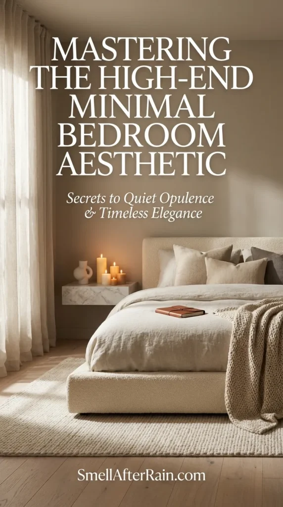A warm, inviting bedroom scene featuring a wooden bed frame with layered neutral bedding and a chunky knit throw blanket. Soft candlelight on a wooden stool creates a cozy atmosphere. Text overlay reads 15 Hygge Bedroom Ideas. This image illustrates the cozy side of Mastering the High-End Minimal Bedroom Aesthetic, blending clean lines with warm textures for a sophisticated sanctuary.