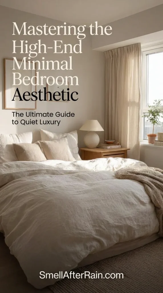 A sunlit Cozy Minimalist Bedroom featuring wrinkled beige linen bedding and a solid wood nightstand, perfectly capturing the essence of Mastering the High-End Minimal Bedroom Aesthetic. Soft sheer curtains filter light onto a round ceramic lamp and simple framed wall art, creating a warm, monochromatic atmosphere.