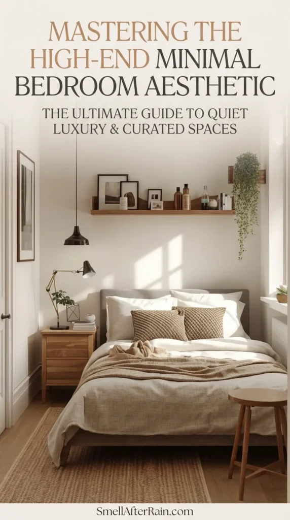 A cozy, sunlit interior showcasing Mastering the High-End Minimal Bedroom Aesthetic with textured beige bedding, brown knit pillows, and a jute rug. A black pendant light hangs over a wooden nightstand, while a floating shelf displays framed art and trailing plants, creating a warm, sophisticated atmosphere.