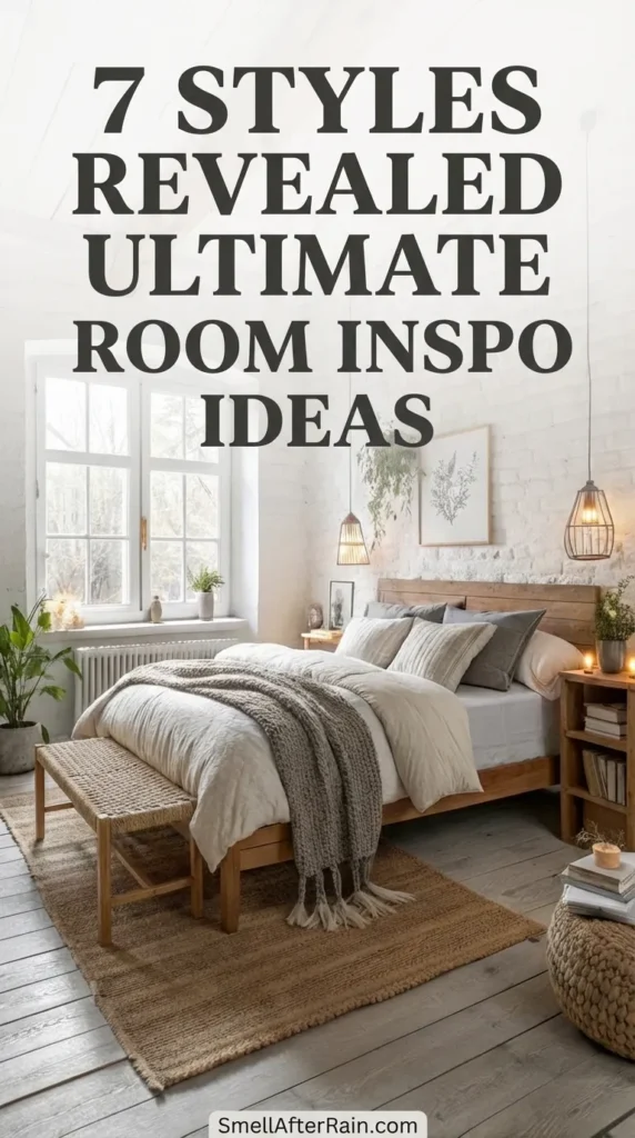 A serene bedroom featuring white whitewashed brick walls and rustic wooden ceiling beams. The room centers on a wooden bed frame with layered neutral linen bedding and a textured grey throw. Industrial cage pendant lights hang low on either side, and a large jute rug sits on the white floorboards. Potted plants add greenery by the large window. This design is part of the 7 Styles Revealed Ultimate Room Inspo Ideas guide.