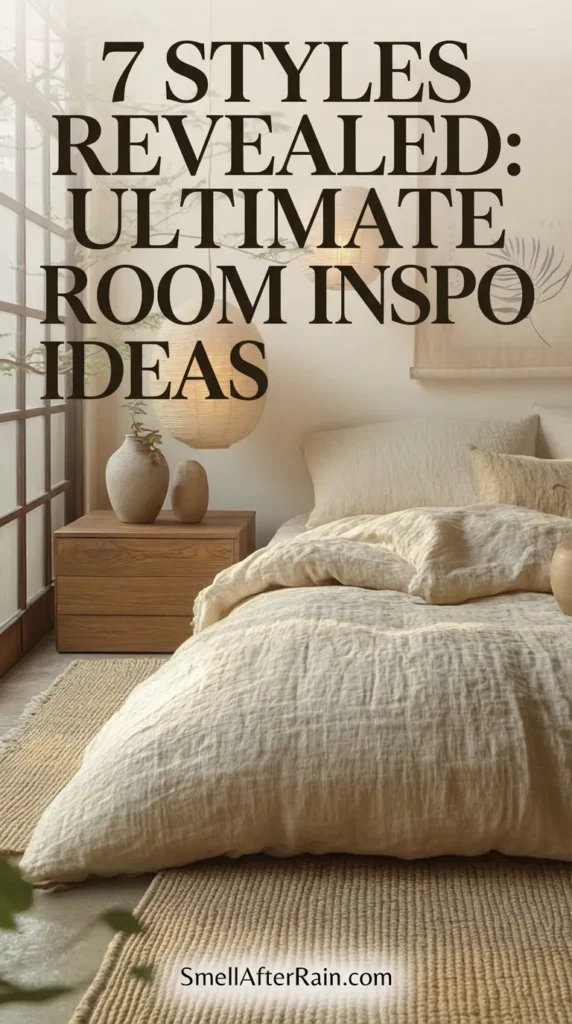 A serene bedroom featuring organic modern decor with beige linen bedding and large paper lantern pendant lights. A dramatic tree branch installation hangs above the bed, complementing the natural wood nightstand and jute rug. This cozy setup exemplifies the 7 Styles Revealed Ultimate Room Inspo Ideas, showcasing a blend of Japandi and Wabi-Sabi aesthetics with soft, warm lighting.