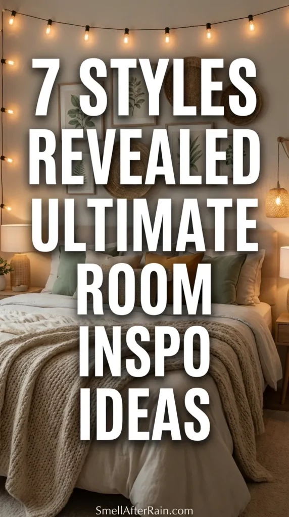 A cozy bedroom featuring sage green walls and warm string lights draped above the bed. The space illustrates 7 Styles Revealed Ultimate Room Inspo Ideas with a focus on biophilic design and boho-eclectic aesthetics. A wooden bed frame is dressed with a textured green quilt and beige pillows. A gallery wall of botanical prints hangs above the headboard, complemented by trailing pothos plants on a shelf. A patterned area rug adds texture to the wooden floor.