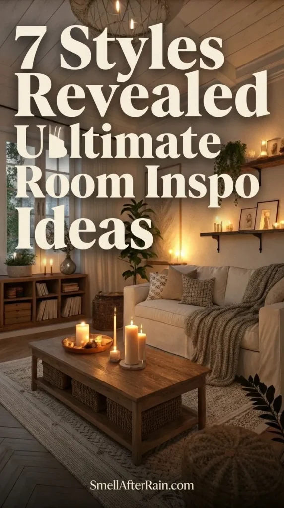 A warm and cozy living room scene featuring a cream sofa layered with knit textures, soft candlelight on a rustic wooden coffee table, and indoor plants on floating shelves. The space highlights warm lighting and white paneled ceilings, illustrating the Soft-Cozy Aesthetic from our guide on 7 Styles Revealed Ultimate Room Inspo Ideas. Perfect for small room layouts and biophilic design inspiration.