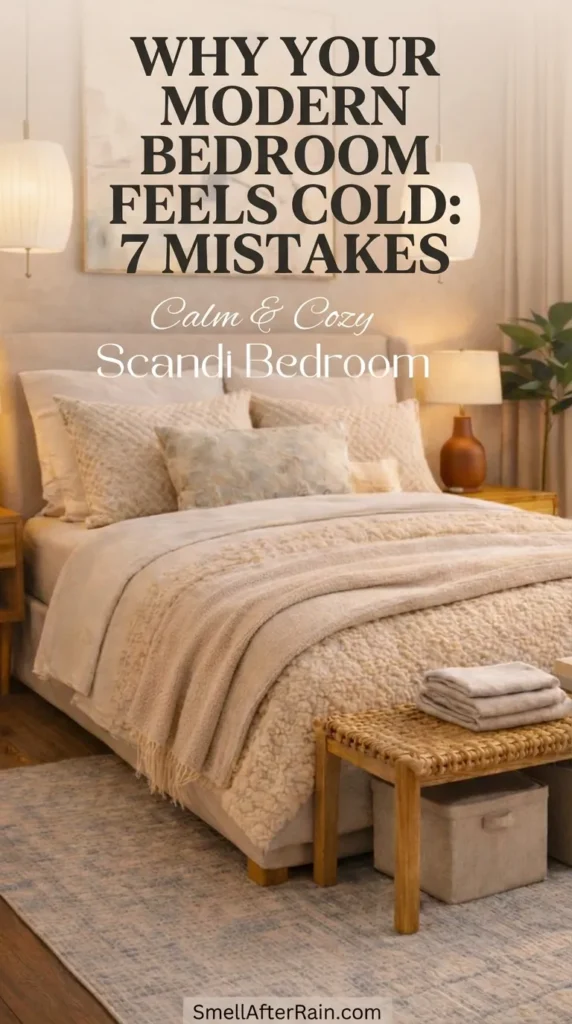 A warm and cozy Scandi bedroom featuring a beige upholstered bed with layered textured bedding, a sherpa throw blanket, and a woven bench at the foot of the bed. Warm pendant lights hang above wood nightstands next to a large abstract painting. Text overlay reads Calm & Cozy Scandi Bedroom. If you are wondering Why Your Modern Bedroom Feels Cold: 7 Mistakes might be the culprit. This pin illustrates how to add warmth with texture, lighting, and organic materials for a luxury minimalist aesthetic.