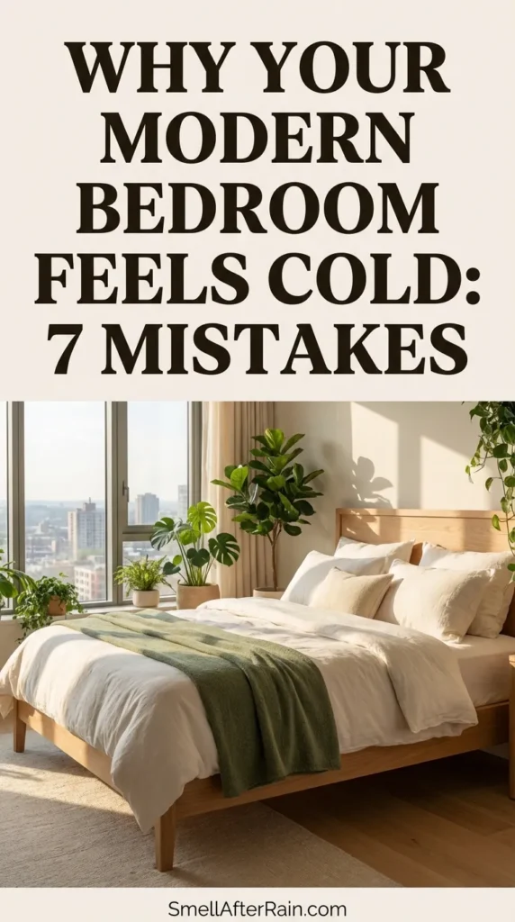 A sunlit, cozy modern bedroom featuring textured white linen bedding, a textured green throw blanket, and warm wooden furniture. The room is decorated with indoor plants and art prints, demonstrating how to add warmth to a minimalist space. This visualizes the solution to Why Your Modern Bedroom Feels Cold: 7 Mistakes.
