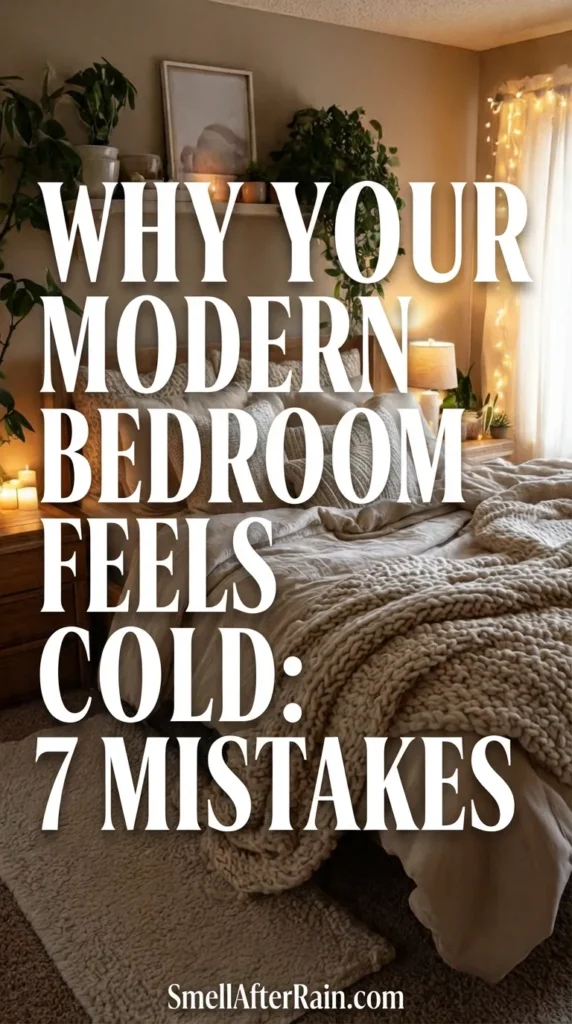 A cozy, warm bedroom featuring layered neutral bedding with a chunky knit throw and linen pillows. Soft string lights hang by the window, and a wooden shelf above the bed holds trailing plants and pottery. This image illustrates the solution to Why Your Modern Bedroom Feels Cold: 7 Mistakes by showing how texture and warm lighting create an inviting atmosphere.