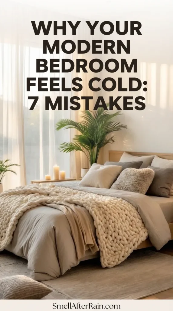 A cozy, sunlit modern bedroom featuring a large beige chunky knit blanket layered over linen bedding. Warm sunlight streams through sheer floor-to-ceiling curtains, illuminating a lush green plant and wooden furniture. This image illustrates solutions for Why Your Modern Bedroom Feels Cold: 7 Mistakes, focusing on adding texture, organic elements, and layered lighting to create a warm minimalist aesthetic.
