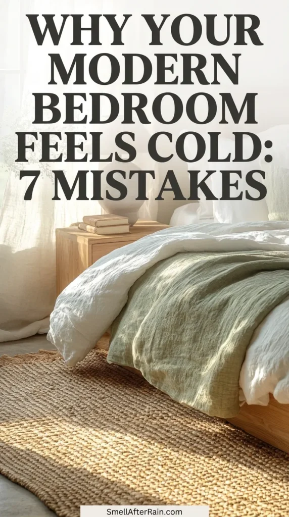 Sun-drenched bedroom featuring sage green linen bedding, a rattan headboard, and sheer curtains, illustrating the solution to Why Your Modern Bedroom Feels Cold: 7 Mistakes. Warm natural light hits a textured jute rug and organic ceramic lamp on a wooden nightstand.