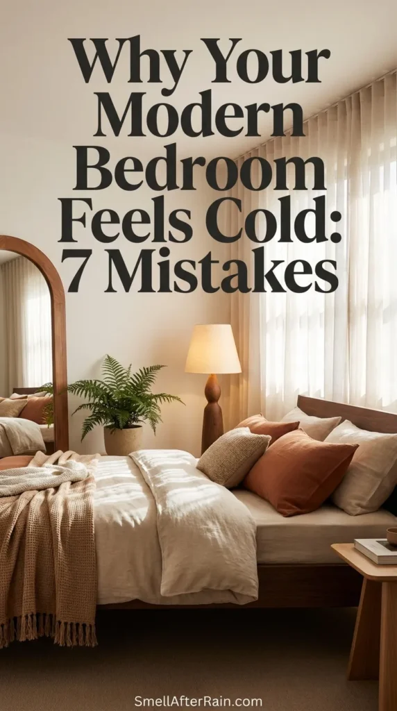 A cozy, sun-lit modern bedroom featuring cream linen bedding with rust-colored velvet pillows, a wooden vanity desk, and large mirrors reflecting lush indoor plants. The space demonstrates how to fix Why Your Modern Bedroom Feels Cold: 7 Mistakes by layering textures like a cowhide rug and organic greenery against neutral walls for a warm, lived-in aesthetic.