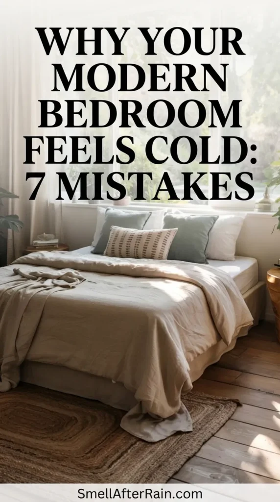 A cozy, sunlit bedroom featuring a bed with crumpled linen sheets in neutral tones, sitting on a woven jute rug. Large windows showcase a green garden, bringing nature inside. The design demonstrates how to solve the problem of Why Your Modern Bedroom Feels Cold: 7 Mistakes by adding organic textures and natural light to create a warm minimalist aesthetic.