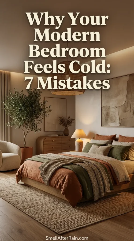A cozy, warm earthy bedroom featuring a wooden bed frame layered with olive green linen bedding and rust-colored velvet pillows. A woven wood bench sits at the foot of the bed on a vintage rug. Large windows are framed by terracotta curtains. Text overlay reads 28 Warm Earthy Bedroom Ideas. This guide covers Why Your Modern Bedroom Feels Cold: 7 Mistakes and how to fix them with texture and lighting.