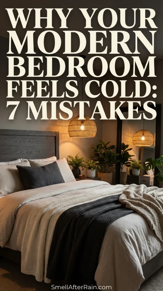 Cozy modern bedroom demonstrating how to fix a sterile space, featuring a dark wood headboard, layered grey and white bedding, and a chunky knit throw blanket. Woven pendant light and textured rug add warmth to the dark grey walls. Visual guide for the article Why Your Modern Bedroom Feels Cold: 7 Mistakes, showcasing the use of organic textures, plants, and warm ambient lighting to create a lived-in luxury aesthetic in a master suite.