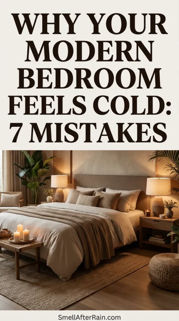 A warm, sunlit modern bedroom featuring a light wood bed frame, layered beige linen bedding, and a textured jute rug. Floating shelves display curated decor and plants like a large Monstera, creating an organic feel. This image illustrates the solution to Why Your Modern Bedroom Feels Cold: 7 Mistakes by demonstrating how to use warm textures and lighting.