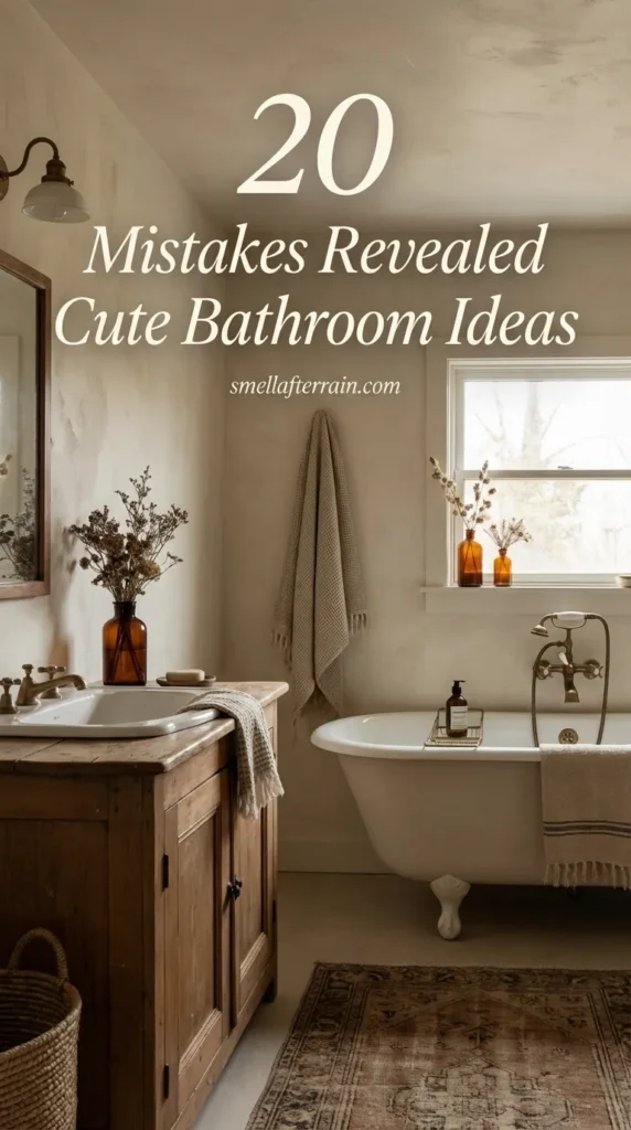 20 Mistakes Revealed | Cute Bathroom Ideas: A bright bathroom featuring vintage heirlooms, nostalgic textures, pastel tiles, and a clawfoot tub bathed in soft natural light, showcasing how to avoid common styling errors for a serene and timeless look.